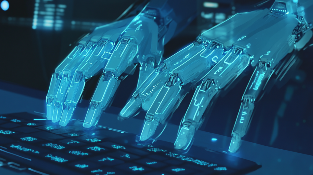 Close-up of futuristic robotic hands typing on a glowing keyboard in a dark, high-tech setting.