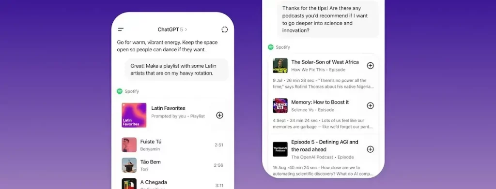 Captura de pantalla de ChatGPT mostrando la integración con Spotify