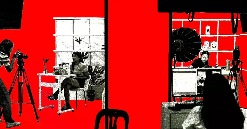 Trabajadores preparan una transmisión en vivo para TikTok Shop mientras un presentador promociona productos.