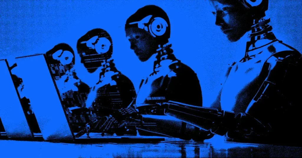 Ilustración conceptual de agentes de IA en un entorno laboral.