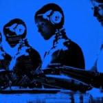 Ilustración conceptual de agentes de IA en un entorno laboral.