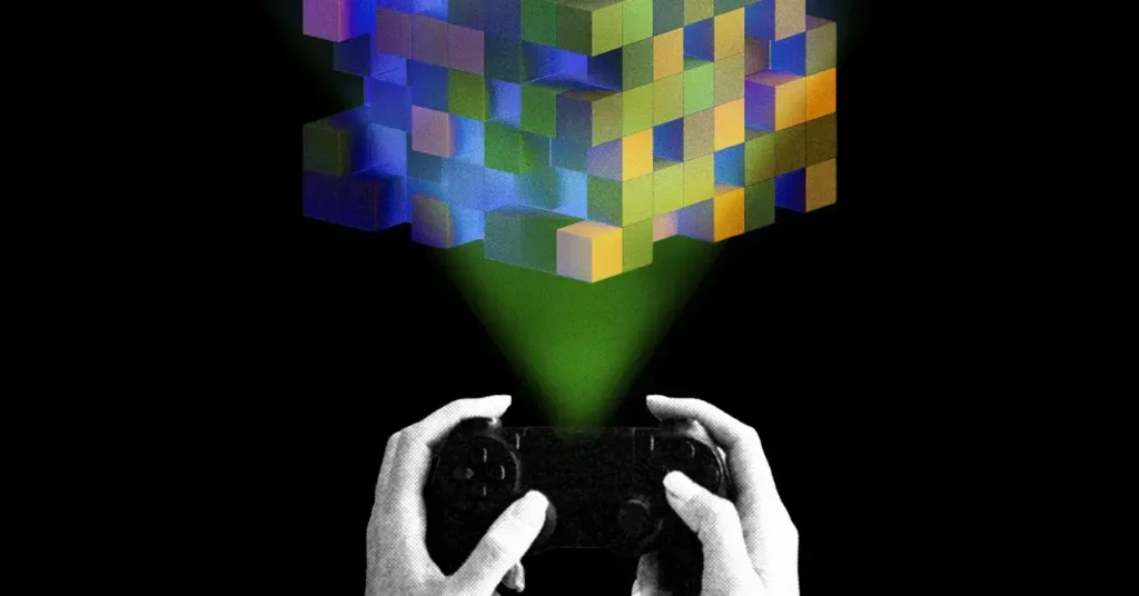 Ilustración de un modelo de IA generando un escenario 3D para un videojuego.