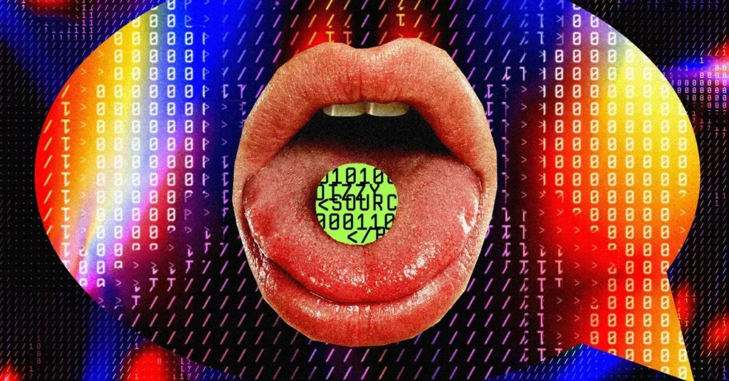Ilustración conceptual de un chatbot bajo los efectos de un código que simula drogas.